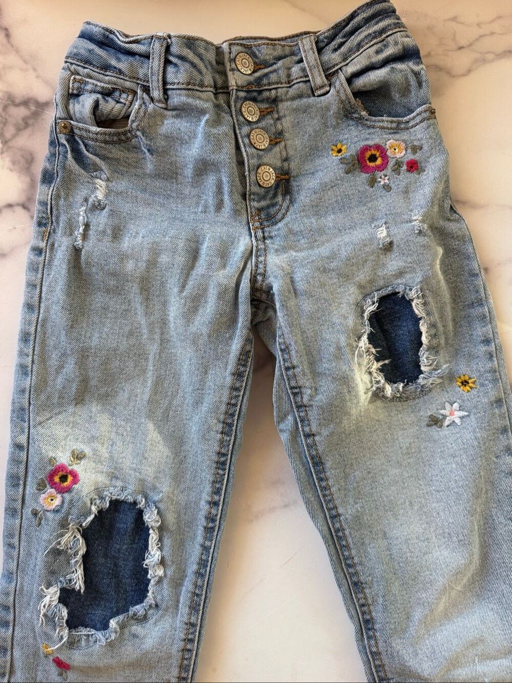 Cat & Jack girls size 8 distressed floral embroidered boho blue jeans
